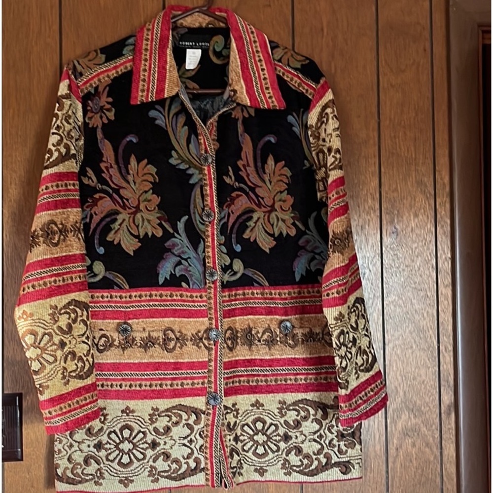 Nice multi color jacket 55% Ramie, 45% cotton, dry clean only.